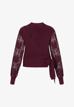 Bordowy sweter z długimi koronkowymi rękawami, faktura ribbed, model typu wrap i wiązaniem w talii. Posiada wysoki dekolt i skomplikowany wzór koronkowy.