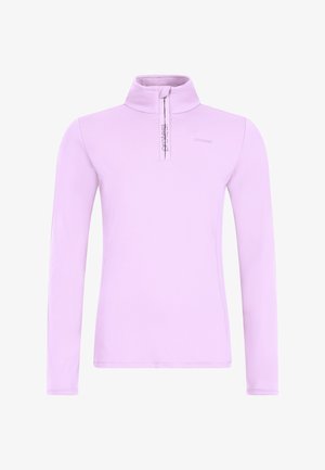 Helllila langer Pullover mit Rollkragen und halbem Reißverschluss. Verfügt über das Label "protest" in einem dezenten Druck auf der Brust.