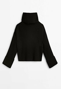 Black ribbed knit turtleneck sweater with a cropped design, featuring wide, folded cuffs and a high neck for added warmth and style.