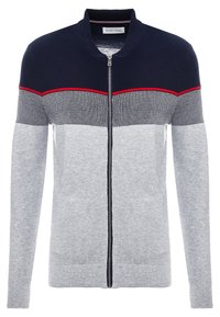 Mans zip-up tröja i marinblått, grått och ljusgrått. Har ribbad krage, manschetter och nederkant; texturerad stickning med röd accentrand.