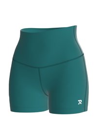 Teal sportieve shorts met een hoge tailleband, een gladde textuur, een naadloos ontwerp en een wit logo aan de rechteronderzijde.