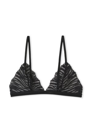 Czarny biustonosz typu bralette z koronką o trójkątnym kształcie, z falistą fakturą tkaniny i cienkimi regulowanymi ramiączkami. Posiada solidną taśmę pod biustem.