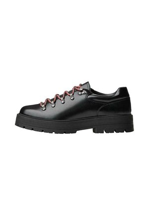 Black leather hiking shoe featuring red and white laces, large eyelets, and a chunky treaded sole for grip and stability.