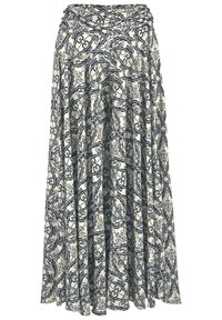 Maxi rok van crèmekleurige stof met een ingewikkeld marineblauw spiraalpatroon. Voorzien van een gathered tailleband en vloeiende plooien voor een A-lijn silhouet.