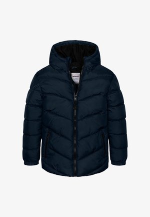 Veste matelassée à capuche bleu marine avec fermeture éclair frontale, deux poches latérales zippées et poignets élastiques, étiquetée "minoti" à l'intérieur du col.
