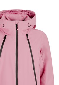Roze waterdichte jas met hoge kraag, zwarte ritsen en trekkoorden. Heeft een minimalistisch ontwerp en gestructureerde stof.