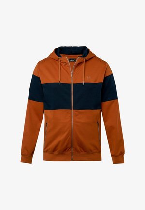 Bluza z kapturem zapinana na zamek, z pomarańczową górną częścią i granatowym dolnym panelem. Posiada długie rękawy, kieszenie po bokach oraz sznurki w kapturze.