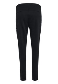 Schwarze Jogginghosen mit glatter Textur, enganpassendem Design, elastischem Bund und kontrastierenden Seitenelementen, mit schmal zulaufendem Bein.