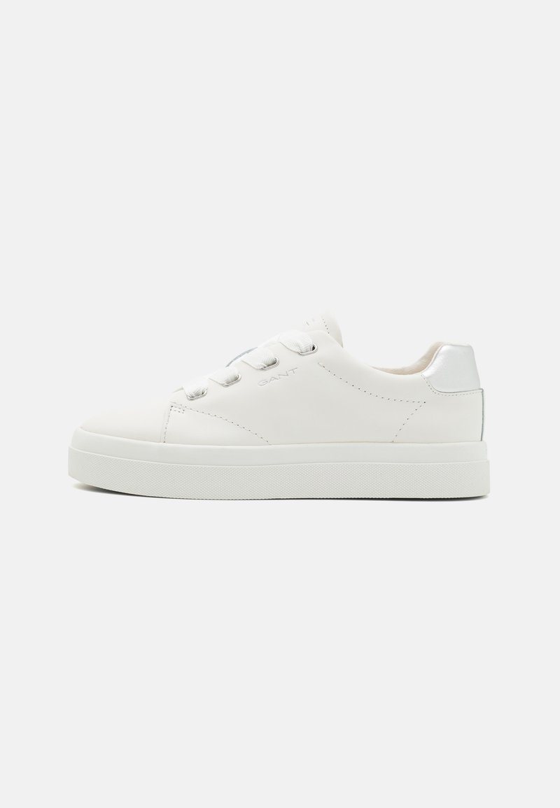 White leather sneaker with a smooth finish, rounded toe, flat white sole, silver heel accent, and six lace eyelets. Logo embossed on the side.