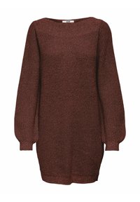 Abito maglione in marrone scuro, caratterizzato da maniche a sbuffo lunghe, una silhouette morbida e polsini a costine per un tocco di texture.