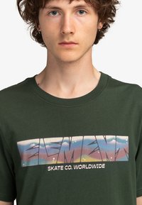 Grøn bomulds t-shirt med et stort grafisk print, der har teksten "ELEMENT SKATE CO. WORLDWIDE" i multicolor med et tekstureret design.