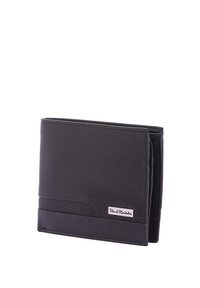 Portafoglio in pelle nera con superficie liscia, design a due pieghe, caratterizzato da un accento cucito e una piccola etichetta con logo sul davanti.