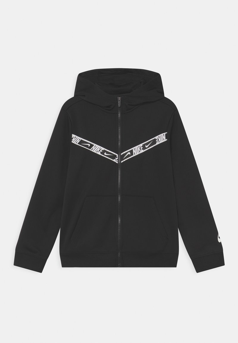 Sudadera con cremallera negra con un bolsillo frontal, que presenta una franja diagonal blanca y texto en repetición de "Nike" en el pecho. Material suave.