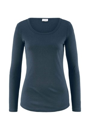 Langarmshirt in Dunkelblau, aus weichem Stoff, mit Rundhalsausschnitt und taillierter Passform, die eine glatte Textur aufweist.