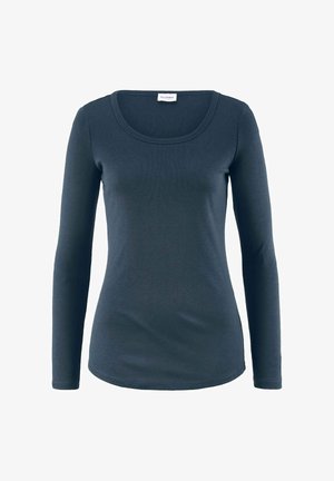 Langarmshirt in Dunkelblau, aus weichem Stoff, mit Rundhalsausschnitt und taillierter Passform, die eine glatte Textur aufweist.