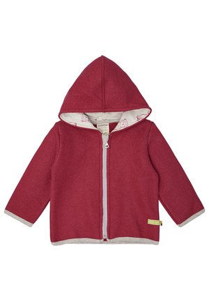 Rote Kapuzenjacke aus weichem Material mit einem Frontreißverschluss, grauen Akzenten und einem gemusterten beigen Futter. Ideal für legere Anlässe.