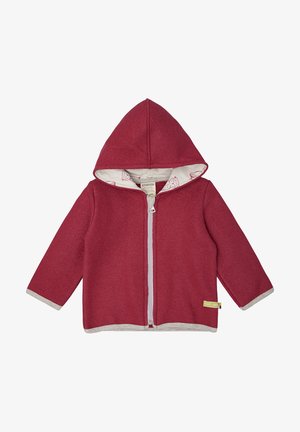 Rote Kapuzenjacke aus weichem Material mit einem Frontreißverschluss, grauen Akzenten und einem gemusterten beigen Futter. Ideal für legere Anlässe.