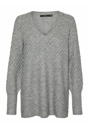 Grauer gestrickter Pullover mit V-Ausschnitt, der ein strukturiertes Wellenmuster, lange Ärmel und gerippte Bündchen aufweist. Aus weichem, leichtem Material.