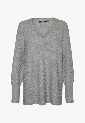 Grauer gestrickter Pullover mit V-Ausschnitt, der ein strukturiertes Wellenmuster, lange Ärmel und gerippte Bündchen aufweist. Aus weichem, leichtem Material.