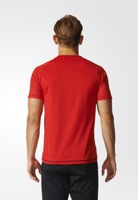 Hombre con pelo corto castaño, viste una camisa roja de manga corta lisa y pantalones negros, de pie de espaldas sobre un fondo blanco.