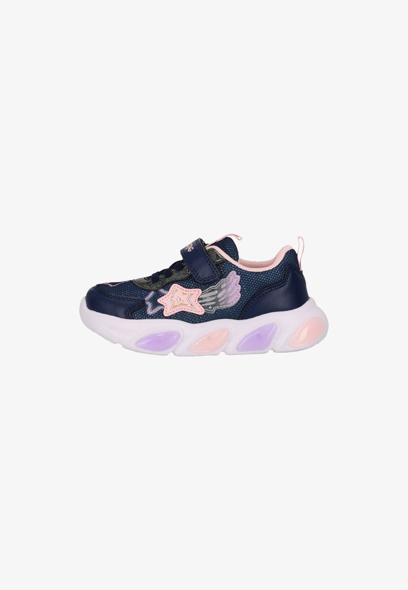 Navy and pink sports shoes with a padded collar, mesh fabric, star-shaped accent, and a chunky white sole featuring pastel purple and pink details.