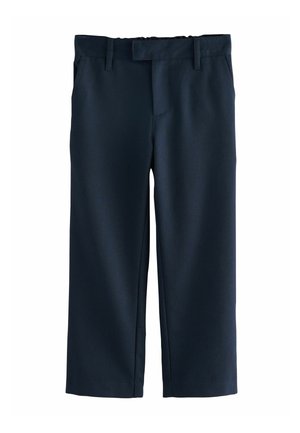 Pantalon court bleu marine avec passants de ceinture, poches latérales et coupe droite simple, posé à plat sur un fond blanc.