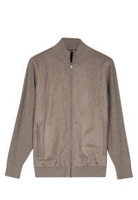 Bruine zip-up jas met een gladde voorkant, ribbelkraag en -manchetten, zijzakken en een zachte textuur, die materiaalcontrasten combineert.