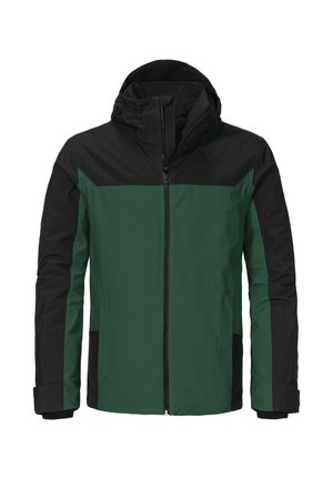 Hoodie-Jacke mit grünem Körper und schwarzen Akzenten, Reißverschluss, langen Ärmeln und zwei Seitentaschen. Hergestellt aus wetterbeständigem Material.