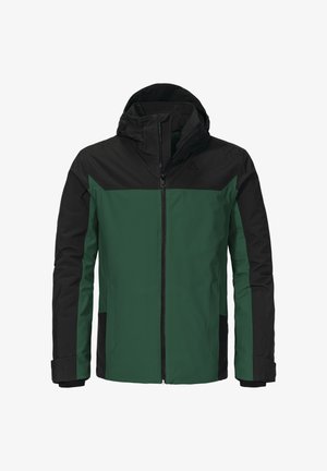Hoodie-Jacke mit grünem Körper und schwarzen Akzenten, Reißverschluss, langen Ärmeln und zwei Seitentaschen. Hergestellt aus wetterbeständigem Material.
