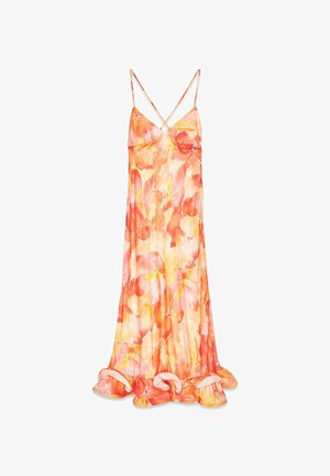 Floral slip dress with thin cross-back straps, orange and pink hues, flowing fabric, and ruffled hem detail.