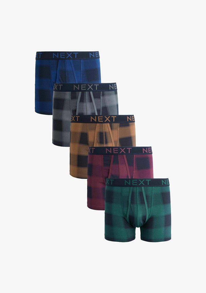 Vijf paar boxers met een ruitpatroon, gemaakt van katoen, in blauw, grijs, bruin, bordeauxrood en groen met een contrasterende zwarte tailleband.