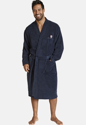 Navy blue bathrobe in soft, textured fabric, featuring long sleeves, a belt, and front pockets. Includes small embroidered logo on chest.