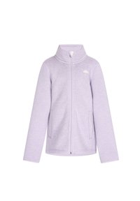 Chaqueta de forro polar de color púrpura claro con cuello alto, cremallera completa y dos bolsillos laterales; cuenta con un pequeño logo en la parte superior izquierda.