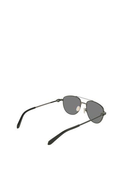 Metal-framed aviator sunglasses with dark gray lenses and black plastic temple tips shown from a side angle on a white background.