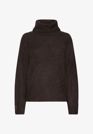 Brown turtleneck sweater made of textured knit fabric, featuring long sleeves with button accents on the cuffs and a relaxed fit.