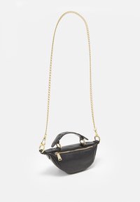 Black leather handbag with a rounded shape, gold chain strap, and small top handle. Features a zippered compartment and smooth texture.