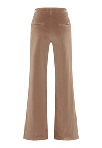 Bruine wijde broek gemaakt van zachte stof, met een gladde textuur, twee achterzakken en een schone zoom voor een moeiteloze look.