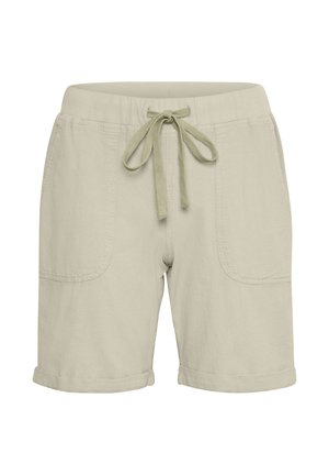 Bézs pamut rövidnadrág húzózsinóros derékrésszel, két elülső foltzsebbel és felhajtott szegéllyel.