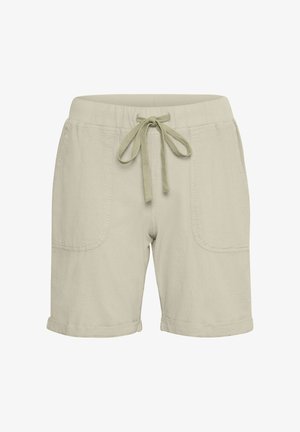 Beežid puuvillased lühikesed püksid paelaga vöökohas, kaks esiosa pealepandavat taskut ja rullitud ääred.