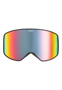 Roxy hiihtolasit, joissa on suuri, kaareva musta kehys. Linssi on varustettu sateenkaari-gradientilla, antifog-käsittelyllä, sileällä pinnalla ja ilman näkyviä kiinnikkeitä.