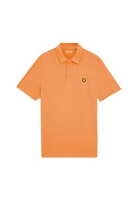 Orange polo skjorte lavet af bomuld, med en to-knaps lukning, korte ærmer, og et lille sort broderet logo på brystet.