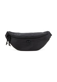 Marsupio in nylon nero con design arrotondato, chiusura con zip, tracolla regolabile e dettagli con cordoncino sulla zip. Forma piatta e compatta.