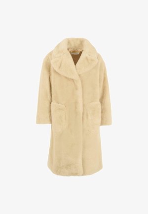Cappotto in finta pelliccia color crema con ampio colletto, maniche a tre quarti e due tasche frontali. Tessuto morbido e design al ginocchio.