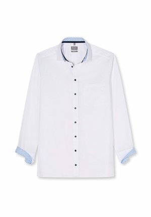 Weißes langärmeliges Hemd mit Knöpfen in Marineblau, einer einzelnen Brusttasche sowie blau gepunktetem Innenkragen und Manschetten.