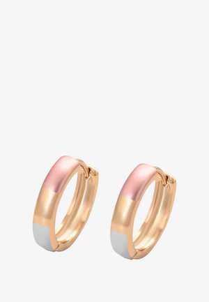 Orecchini a cerchio in oro rosa con un accento rosa lucido e bianco opaco. Texture liscia, forma circolare, con chiusura a cerniera.