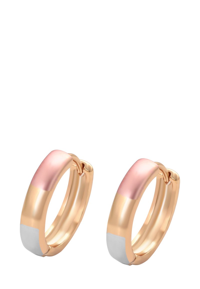 Roségoldene Creolen mit einem glänzenden Pink- und matten Weißakzent. Glatte Oberfläche, kreisförmige Form und mit einem Scharnierverschluss ausgestattet.