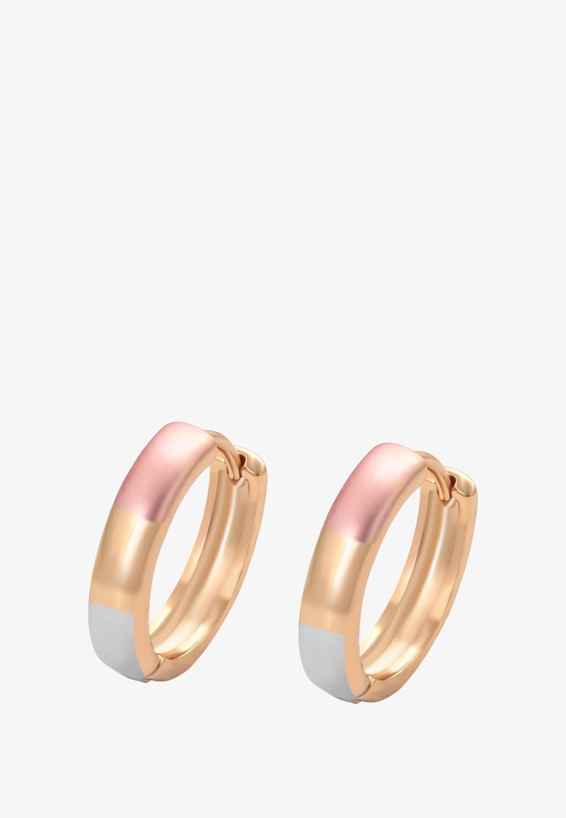 Náušnice v ružovej zlatej farbe vo forme kruhu s lesklým ružovým a matným bielym akcentom. Hladký povrch, kruhový tvar, s pántovým uzáverom.