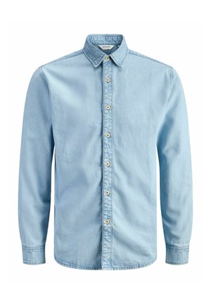 Camicia di jeans azzurro a maniche lunghe con bottoni beige e colletto, mostrata frontalmente su sfondo bianco.