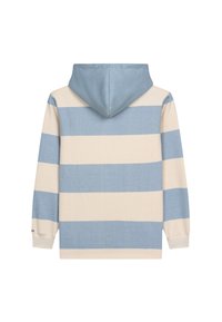 Hoodie met lichtblauwe en crèmekleurige horizontale strepen, zachte textuur, geribde manchetten en tailleband. Achteraanzicht toont de capuchon.