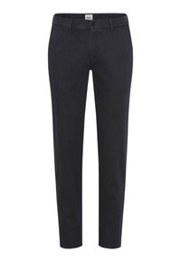 Zwarte denimbroek met een rechte pasvorm, voorzien van een knoop- en ritssluiting, riemlussen en twee voorzakken met een gladde textuur.